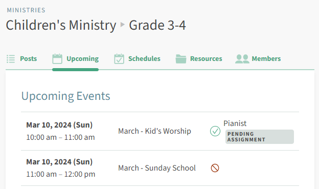 Screenshot of Upcoming tab in Ministry Subgroup
