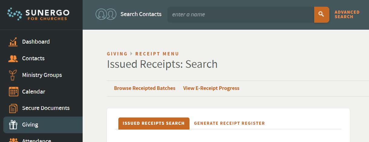 View issued receipts page including view e-receipt progress link.