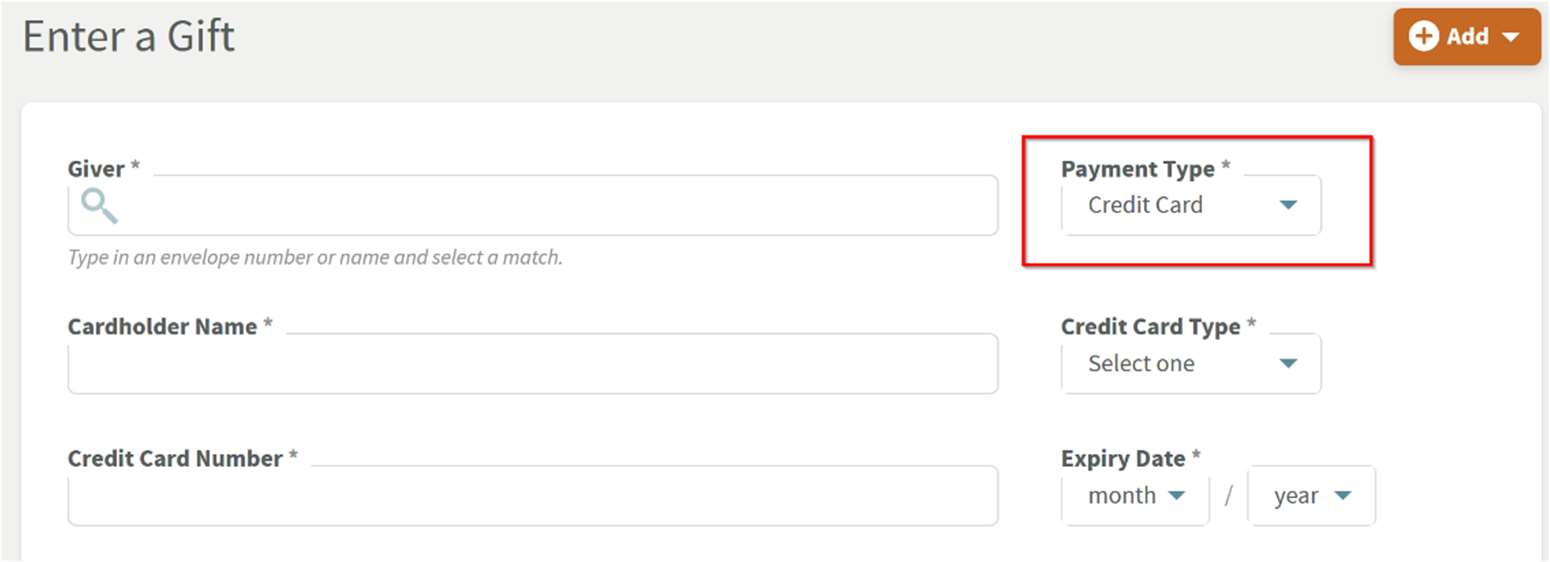 Enter a Gift, with Payment Type changed to Credit Card
