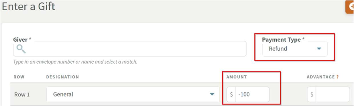 Payment Type is set to Refund, with a negative amount entered.