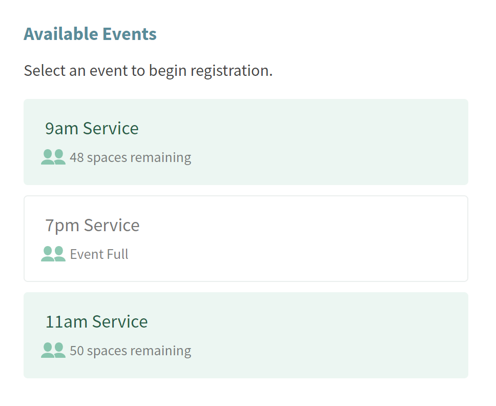 Available Events list with 9am Service and 11am Service available. 8pm Service is full.