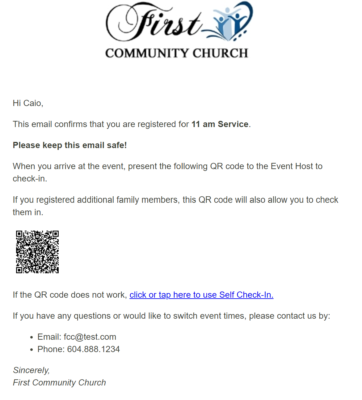 Check-in Sample email, showing the QR code and link to self check-in.