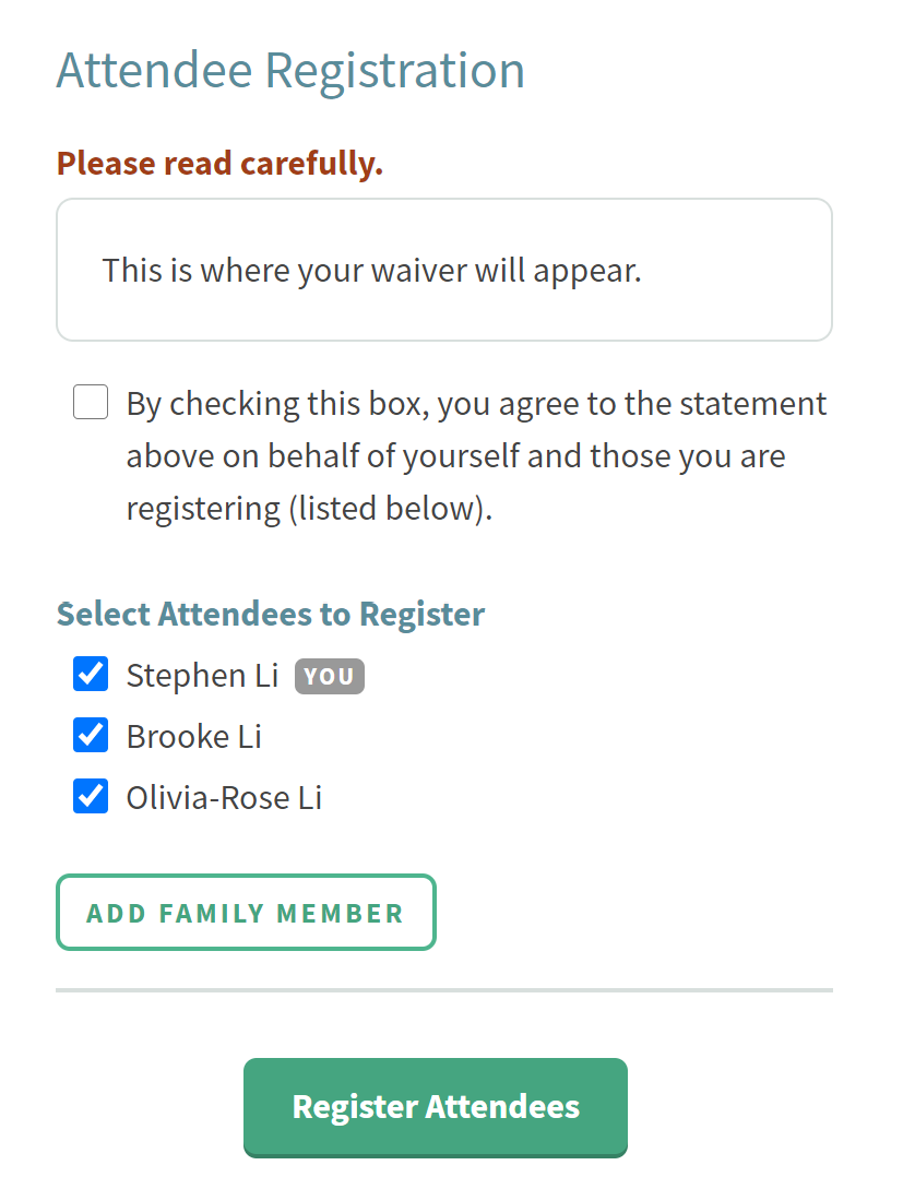 Return to Service waiver form, with the list of attendees to register.