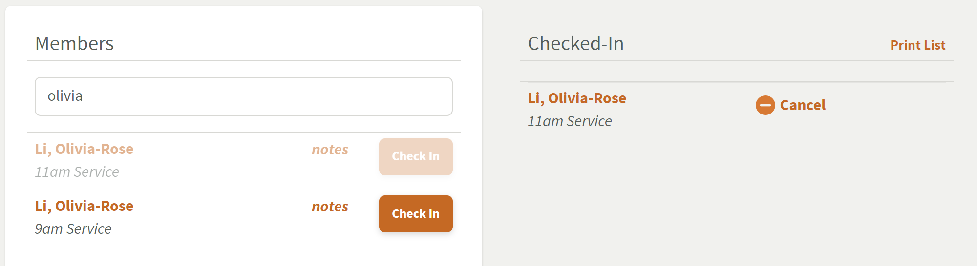 Example of checking in Olivia-Rose to the 11am service