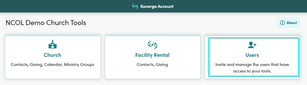 Screenshot of a Sunergo Account with access to Church and Facility Rental. Users is highlighted.